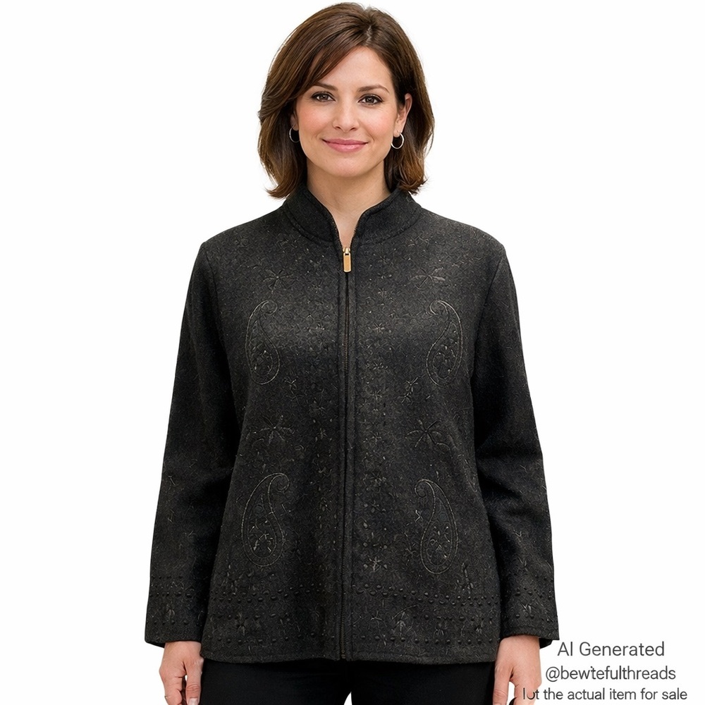 Viyella 100% Wool Black Zip Jacket – Size L – Quiet Luxury Minimalist